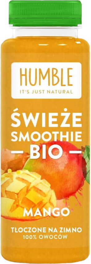 Frischer Bio-Mango-Smoothie von HUMBLE in 300 ml Flasche, cremig und frisch, zeigt den Smoothie in einem transparenten Glas.