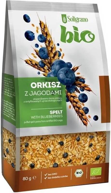 Bio Dinkel expandiert mit Heidelbeeren von SOLIGRANO, 80 g, knuspriges Getreide mit Heidelbeeren in der Verpackung.