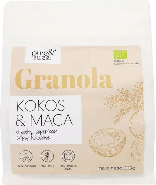 Bio Kokos- und Maca-Granola von PURE&SWEET, glutenfrei, 200 g, mit knackigen Kokosstücken und natürlichen Zutaten.