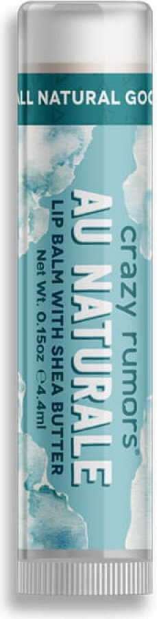 Natürliches Lippenbalsam von CRAZY RUMORS in einem runden Behälter, sichtbare Textur und Verpackung.