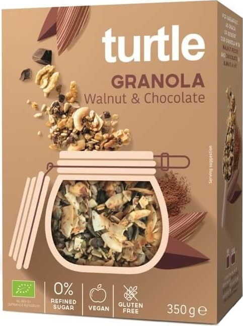 Bio glutenfreie Schokoladen-Granola mit Walnüssen von Turtle, 350 g, knusprig und nussig in einer Packung.