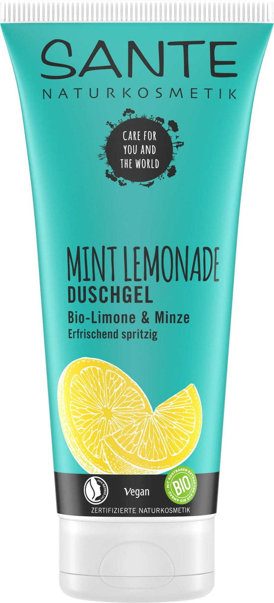 Öko-Duschgel Limette und Minze von SANTE, 200 ml, Flasche mit grüner Etikette und Minzblättern auf der Verpackung