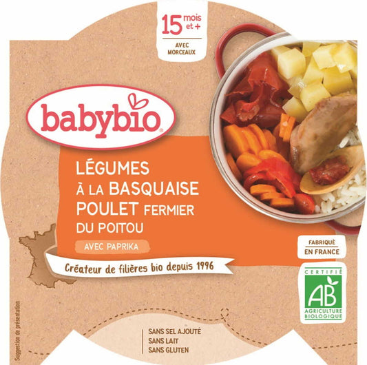 Baby-Basquaise-Gemüsegericht mit Huhn, glutenfrei, Bio, für Kinder ab 15 Monaten, in 260 g Schüssel