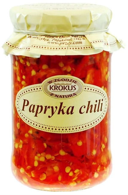 Getrocknete Chilischote, 360g, von KROKUS, mit leuchtend roter Schote und scharfem Geschmack, in der Verpackung sichtbar.