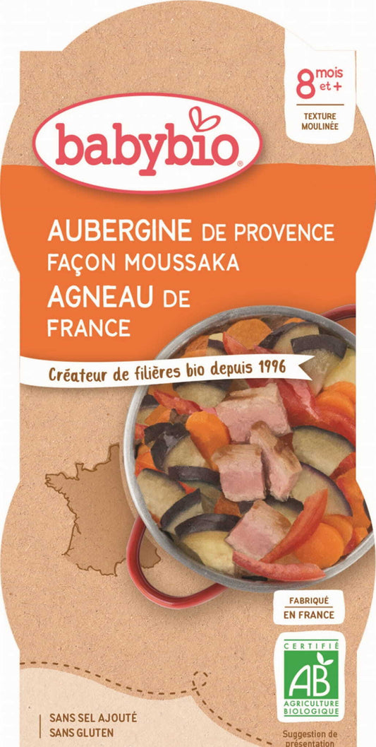 Bio Auberginen-Moussaka mit Lamm für Babys ab 8 Monaten, glutenfrei, in Packung mit zwei 200 g Gläsern, von BABYBIO