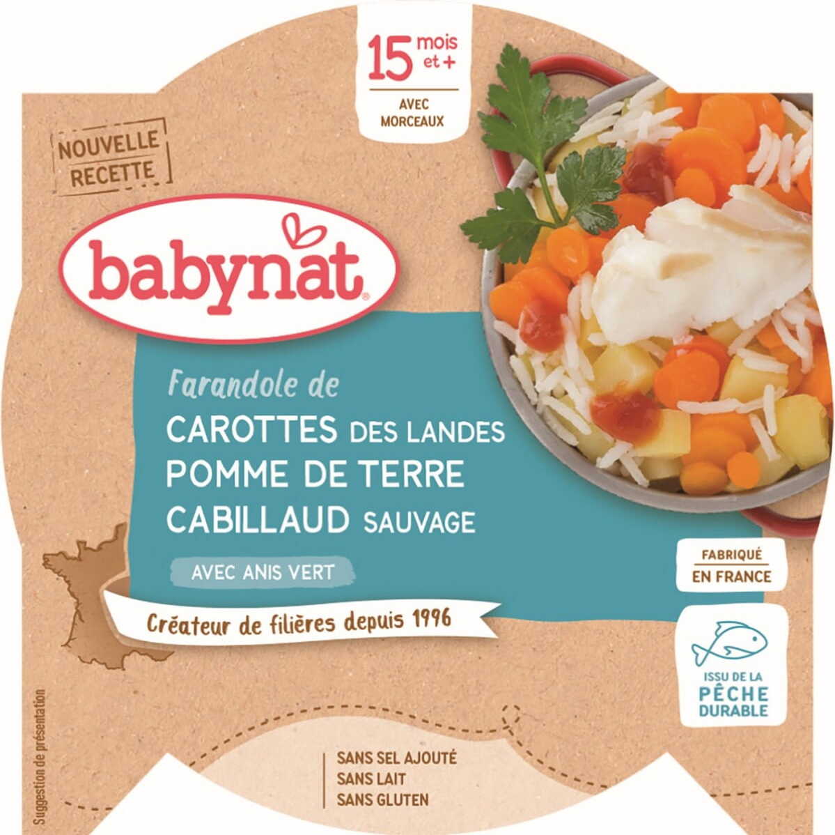 Gemüsemixgericht mit Kabeljau und Reis ab 15 Monaten glutenfrei 260 g BABYBIO babynat
