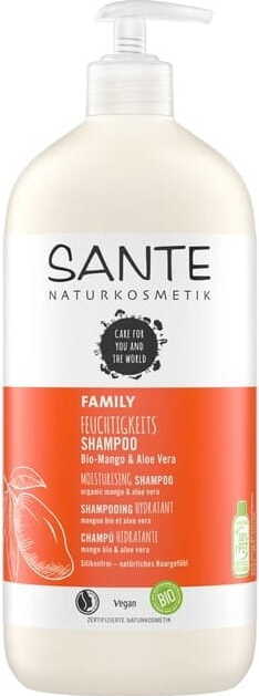 Eco Feuchtigkeitsshampoo Mango und Aloe von SANTE, 500 ml, zeigt die Flasche mit Mango- und Aloe-Infusion für gepflegtes Haar
