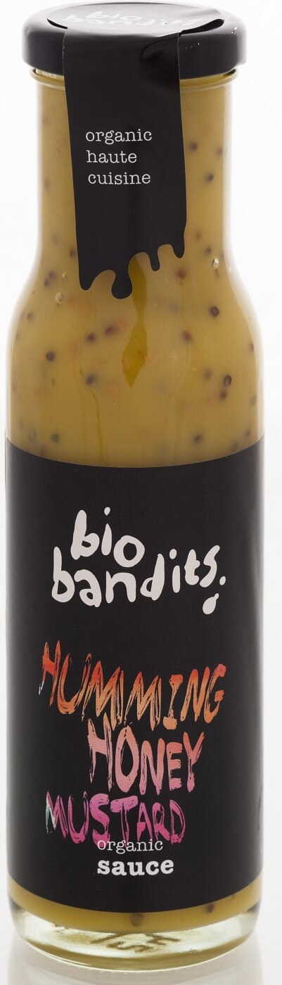 Bio Honigsauce in gelber Farbe, 250 ml, von BIO BANDITS, flüssige Honig-Sauce in einer transparenten Flasche