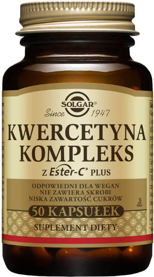 Quercetin-Komplex mit Ester-C von SOLGAR Polen, 50 Kapseln, zeigt die Kapseln in einer weißen Verpackung.