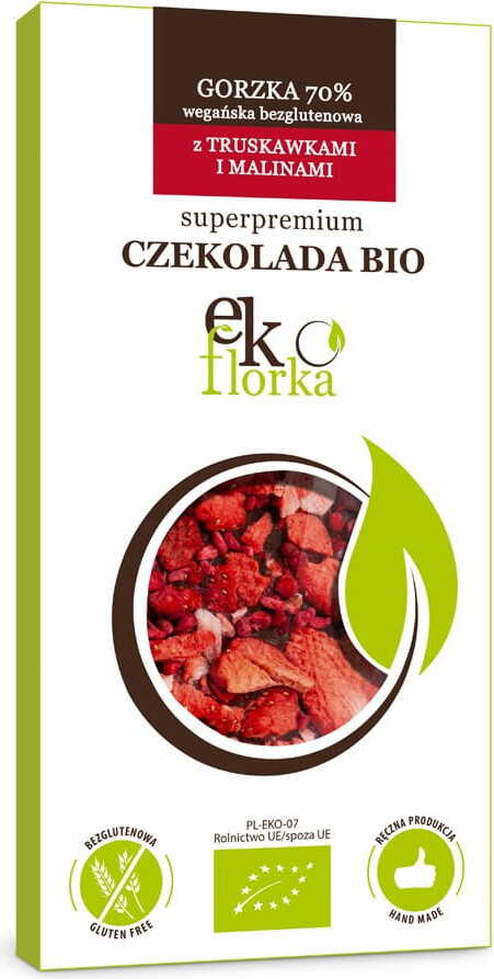 Glutenfreie Premium-Zartbitterschokolade mit Erdbeeren und Himbeeren BIO 85 g - EKOFLORKA