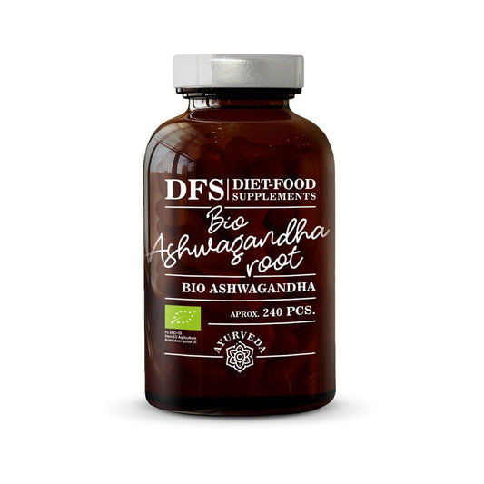 Bio Ashwagandha Tabletten von DIET FOOD, natürliche Kapseln für die Nahrungsergänzung, frisch verpackt in einer health-conscious Verpackung.