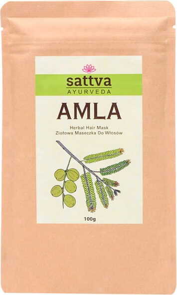 Amla Kräuter-Haarmaske von SATTVA in 100 g, cremige Textur, zeigt die Verpackung mit natürlichen Kräutern für gesundes Haar.