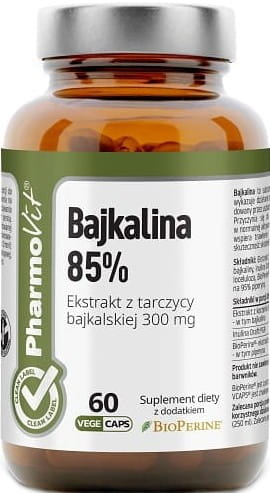 Dreißig Packungen Baicalin-Kapseln von PHARMOVIT, 60 Kapseln pro Packung, zeigt die Kapseln in einer Blisterverpackung