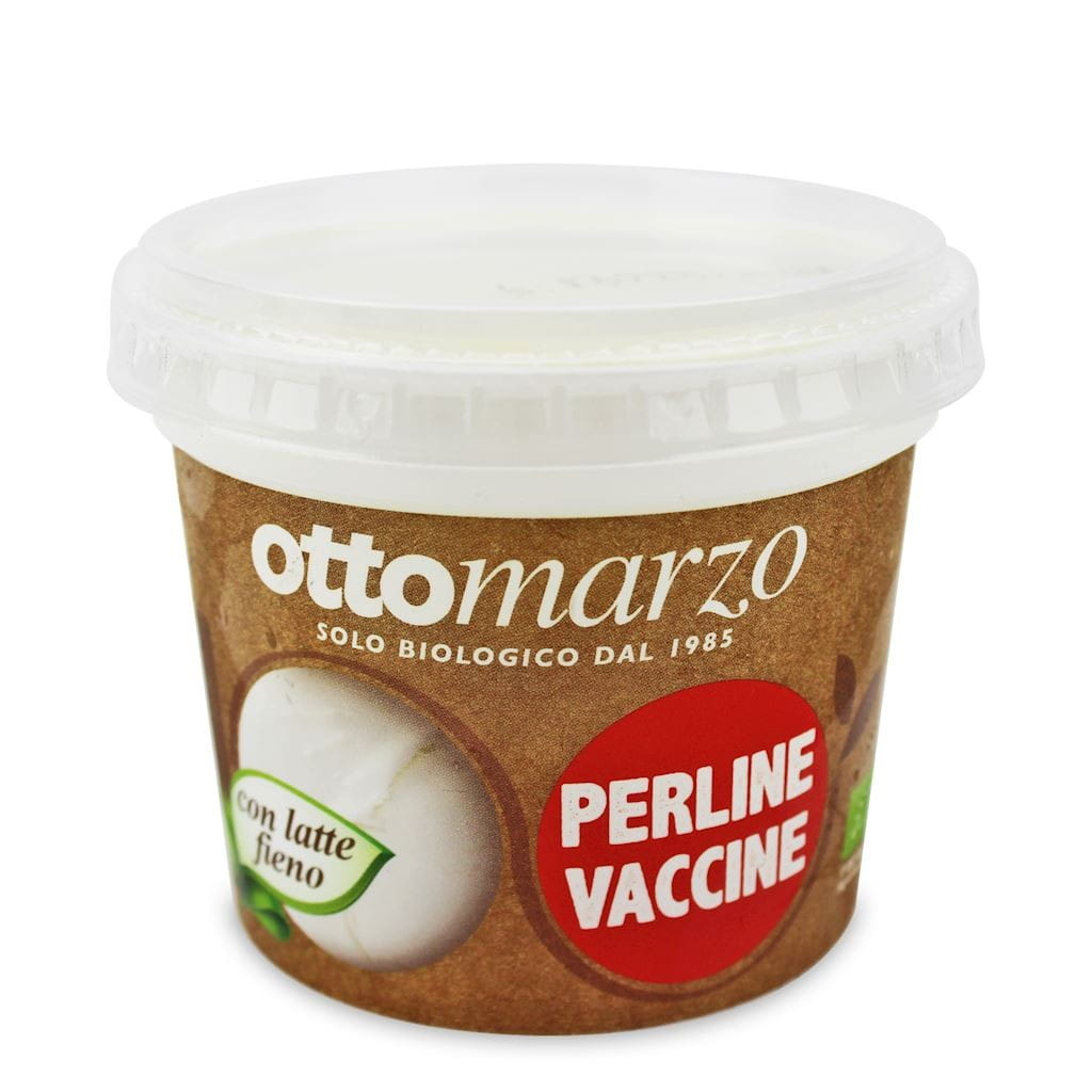 Frische Bio-Kuhmilchmozzarella in Minikugeln im Becher von CA'VERDE, cremige italienische Käsevariante, 100 g.