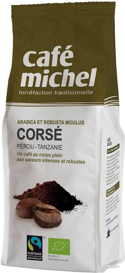 Gemahlener Bio Arabica und Robusta Kaffee von CAFE MICHEL, fair gehandelt, 250 g, in einer Verpackung.
