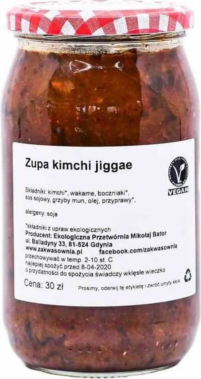 Klassische Bio Kimchi-Suppe von Zakwassownia in 900 ml Glas, würzige koreanische Suppe mit fermentiertem Kimchi.