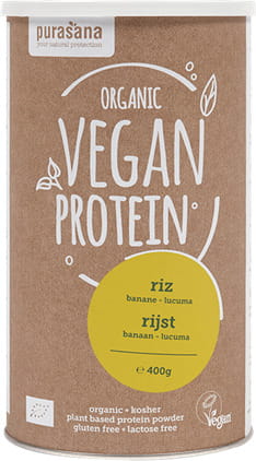 Bio Lucuma Reisprotein mit Bananen, laktosefrei und glutenfrei, 400 g von PURASANA, zeigt die Verpackung und Produktbeschreibung.