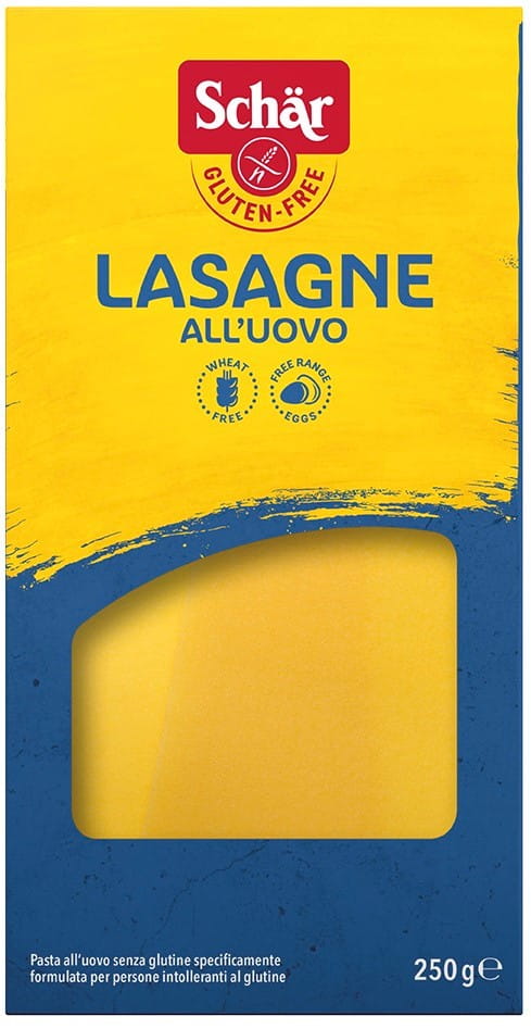 Glutenfreie Lasagnenudeln von SCHAR, 250 g, trockene Pasta in einer transparenten Verpackung.