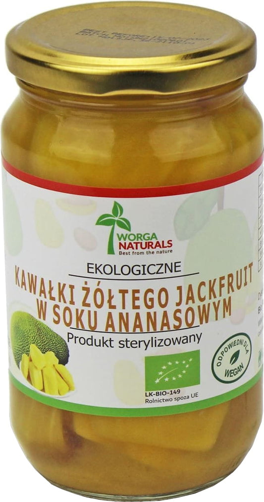 Gelbe Jackfruchtstücke in Ananassaft, BIO, in Glas, von WORGA NATURALS, frisch und saftig, ideal für vegane Gerichte, 350 g