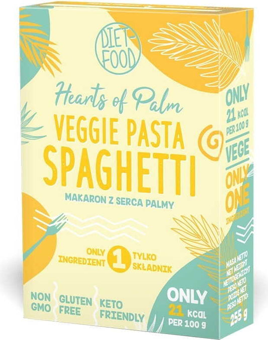 Bio glutenfreie Palmherz Pasta Spaghetti von DIET FOOD, 255 g, im Bild in einer Packung auf einem weißen Teller.