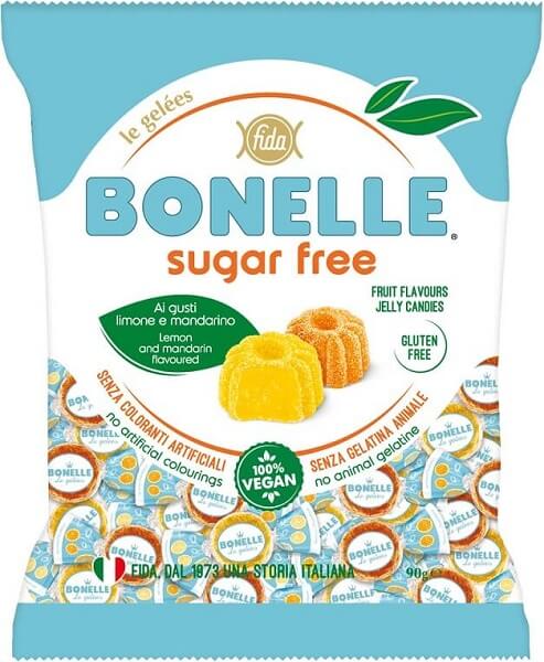 Bunte Gläser mit Zitronen- und Mandarinengeschmack Gelees von BONELLE, 90g, appetitlich präsentiert.
