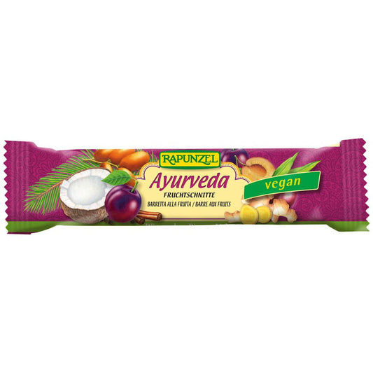 Bio Ayurveda-Riegel von RAPUNZEL, 40 g, mit natürlichen Zutaten, zeigt den Riegel in der Verpackung auf dem Bild