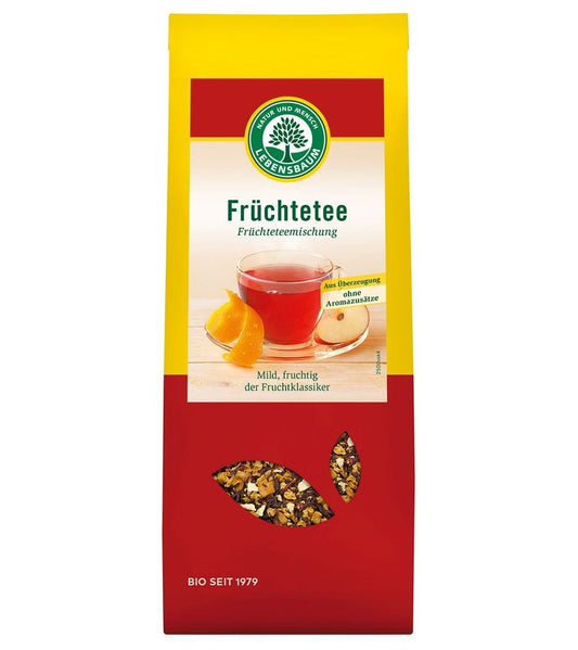 Bio-Früchtetee von LEBENSBAUM in 100 g Packung mit bunten getrockneten Fruchtstücken, ideal für aromatischen Tee.