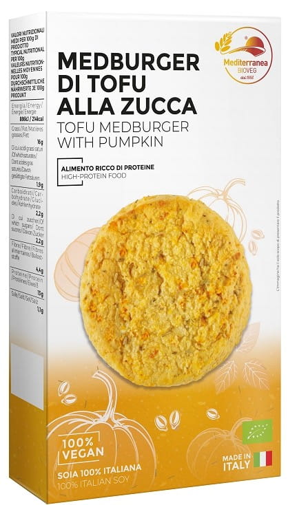 Bio Tofu-Burger mit Kürbis von MEDITERRANEA, angerichtet auf einem Teller, zeigt den veganen Burger mit Kürbisscheiben.
