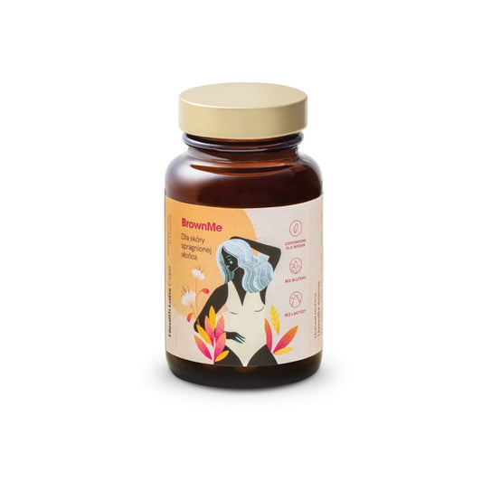 Bräunungskapseln von HEALTH LABS, 30 Stück, nahaufnahme der braunen Kapseln in einer Packung