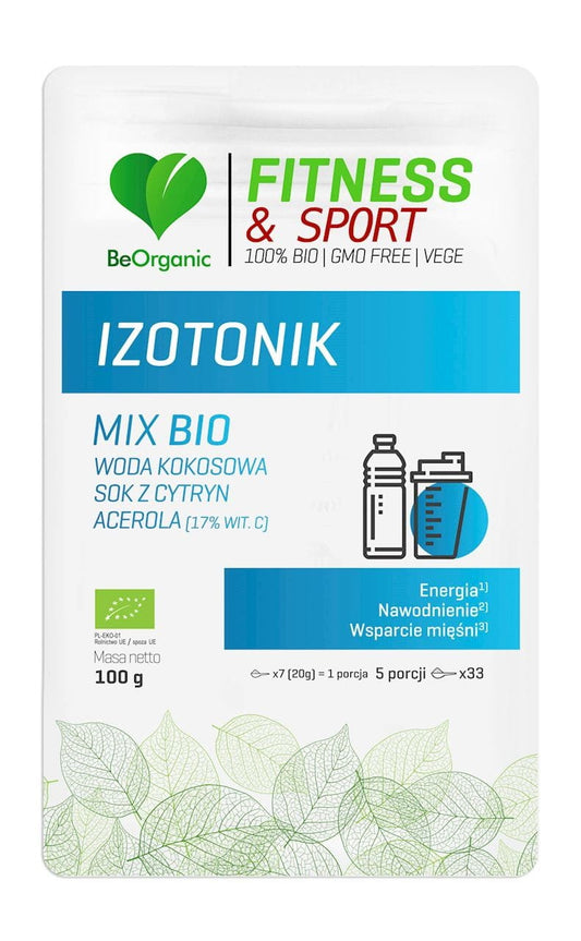 BIO isotonische Pulvermischung von BE ORGANIC in 100 g Packung, mit natürlicher Inhaltsstoffdarstellung sichtbar im Bild