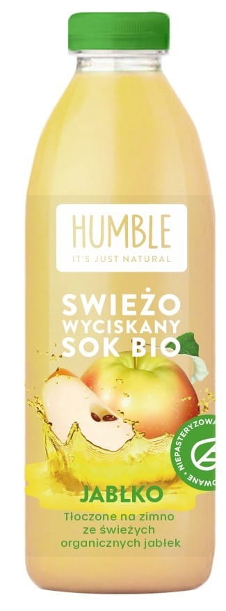 Frischer, bio Apfelsaft von HUMBLE in 750 ml Flasche, klar und goldgelb, mit Apfelresten im Saft.