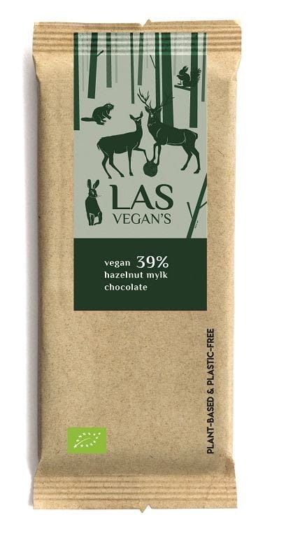 Bio Tafel Schokolade mit Nüssen von LAS VEGAN'S, 50 g, cremige vegane Schokolade mit Nussstücken auf einem weißen Hintergrund