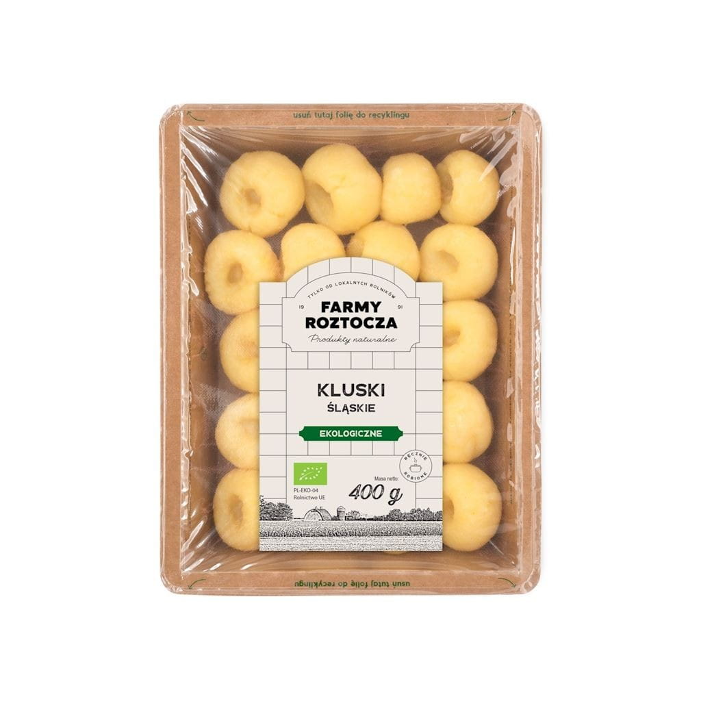 Bio Schlesische Knödel von Mettens Farm, 400 g, frisch zubereitet, typische deutsche Kartoffelknödel auf einem Teller.