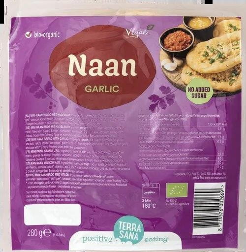 Großes Bio Naan Brot mit Knoblauch von TERRASANA, frisch gebacken, goldbraun und aromatisch, 280 g.