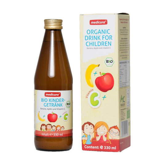 Bio Apfel- und Bananensaft für Kinder von MEDICURA in 330 ml Flasche, zeigt die Flasche mit Saft und Früchten.