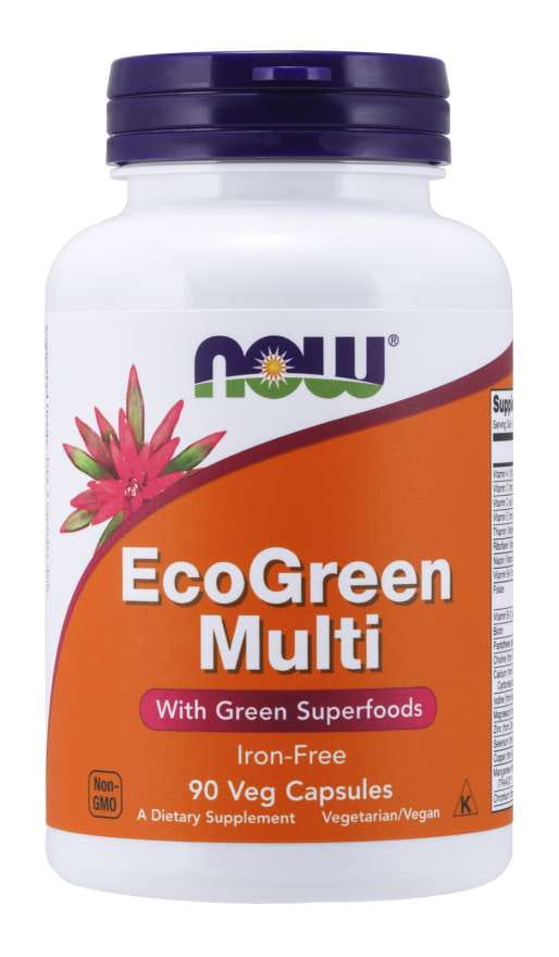Verschiedene Vitamin- und Mineralstoffkapseln im Ecogreen Multi-Set von NOW FOODS, ohne Eisen, für tägliche Nährstoffversorgung.