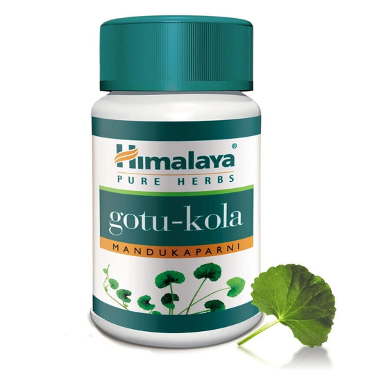 HIMALAYA Gotu Kola Mandukaparni Kapseln, 60 Stück, Nahaufnahme der Verpackung und Kapseln auf weißem Hintergrund