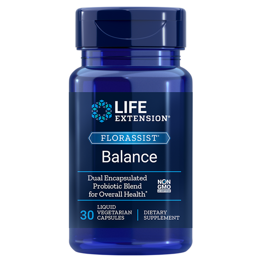 LIFE EXTENSION Florassist Balance 30 Kapseln, probiotische Nahrungsergänzung für Darmgesundheit und Wohlbefinden, Nahaufnahme der Verpackung