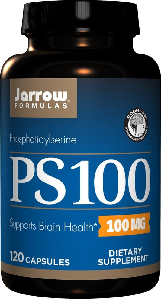 Jarrow Formulas PS100 Phosphatidylserin 100 mg, 120 Kapseln, close-up der Kapseln in einer Dose auf weißem Hintergrund