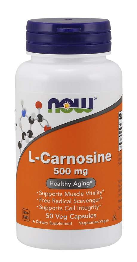 Lcarosin 500 mg L-Carnosin 50 Kapseln von NOW FOODS, Nahrungsergänzungsmittel mit L-Carnosin in Kapselform.