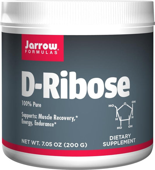 JARROW FORMULAS Dribose-Ribose Pulver in 200 g Dose, sichtbare Verpackung und Pulver, für Energie und Erholung.