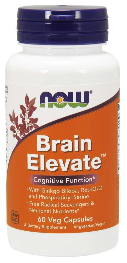 NOW FOODS Brain Elevate 60 Kapseln, Nahrungsergänzungsmittel zur Unterstützung der geistigen Leistungsfähigkeit, in einer offenen Packung.