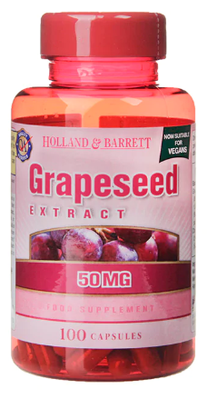 HOLLAND & BARRETT Traubenkernextrakt Kapseln, 100 Stück, dunkelbraune Kapseln in einer Verpackung, Nahaufnahme