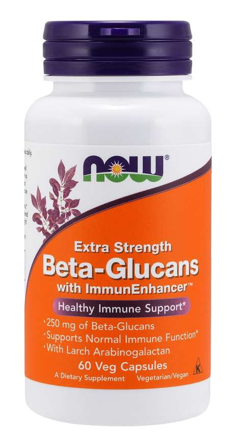 Betaglucane mit Immunverstärker in 60 Kapseln von NOW FOODS, zeigt die Kapseln in einer offenen Packung.