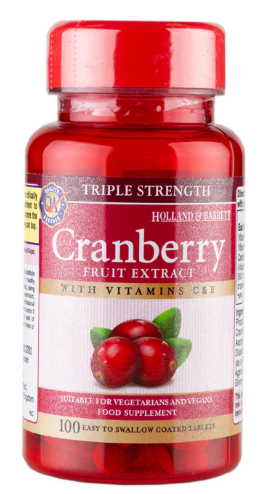 Holland & Barrett Cranberry-Konzentrat in 100 Tabletten, Nahaufnahme der Verpackung und Tabletten auf weißem Hintergrund