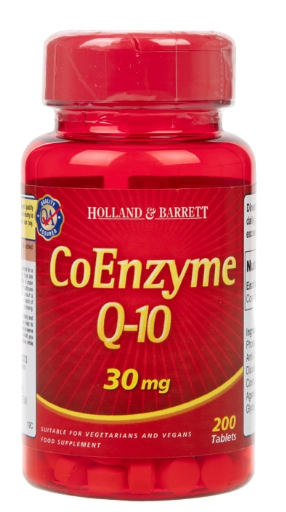Holland & Barrett Coenzym Q10 30 mg Tabletten, 200 Stück, Nahaufnahme der Verpackung und Tabletten.