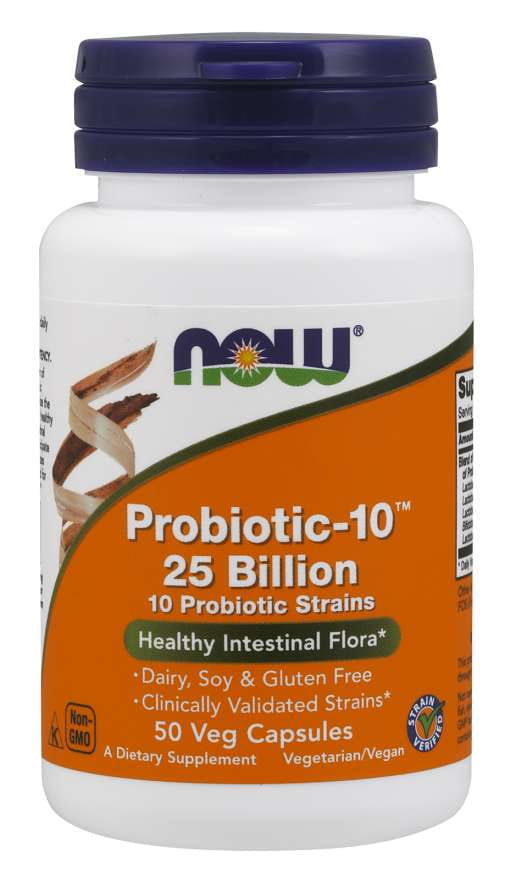 Probiotic10™ 25 Milliarden, 50 Kapseln von NOW FOODS, probiotisches Nahrungsergänzungsmittel, Nahaufnahme der Kapseln