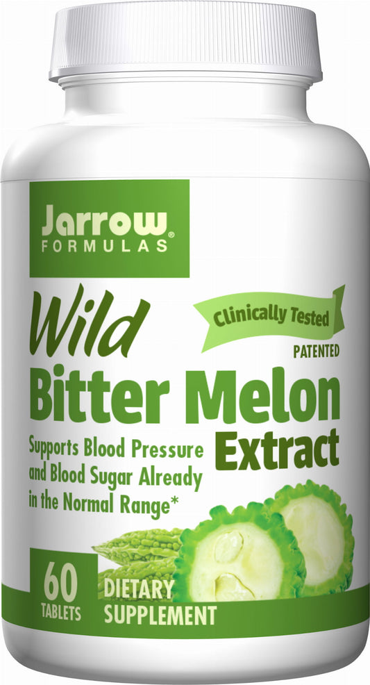 Wilder Bittermelonenextrakt in 60 Tabletten von JARROW FORMULAS, Nahaufnahme der Packung und Tabletten auf weißem Hintergrund.