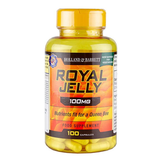 Holland & Barrett Gelée Royale 100 mg in 100 Kapseln, natürliche Ergänzung gegen Energie und Wohlbefinden.