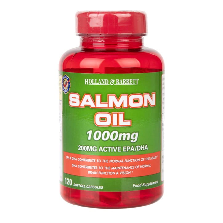 Holland & Barrett Lachsöl Kapseln, 1000 mg, 120 Stück, Nahrungsergänzungsmittel mit Omega-3-Fettsäuren, Nahaufnahme